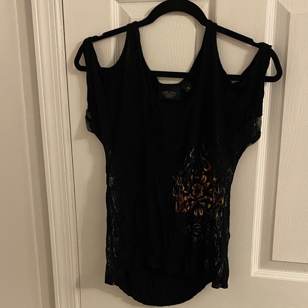 Harley-Davidson Black and Orange Women's Top